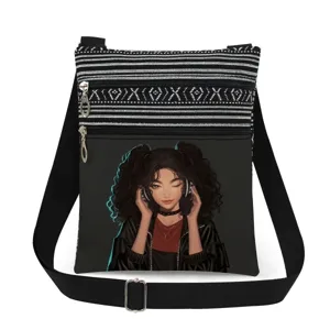 Close-up of black crossbody bag detail featuring anime girl print and double zippers.
