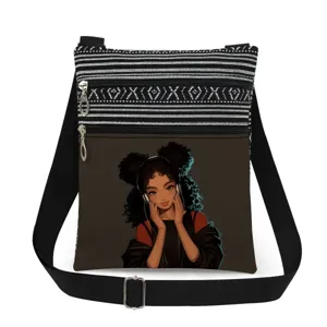 Crossbody shoulder bag with black white stripes and cute girl print, double zipper design.