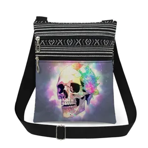 Crossbody shoulder bag featuring a colorful skull and rose art print with striped top.