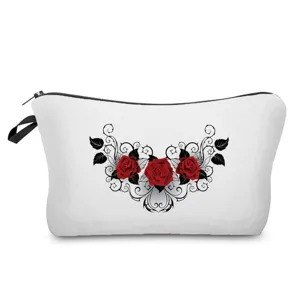 Portable cosmetic bag with red rose print, perfect travel makeup pouch and toiletry organizer.