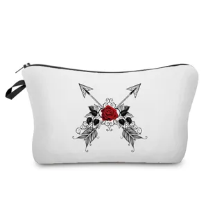 Portable cosmetic bag with romantic rose and arrow print, white travel makeup pouch with zipper.