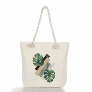 Grand sac cabas en toile avec imprimé élégant de feuille de monstera et motif marbre.