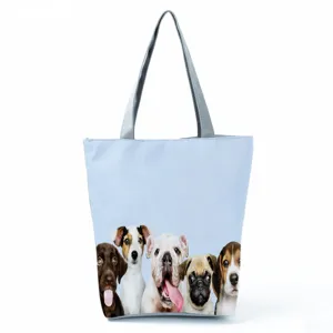 Borsa shopper casual con stampa di cuccioli carini, grande capienza, manici grigi.