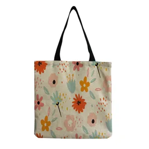 Borsa shopper in tela di lino con stampa floreale e manici neri, borsa riutilizzabile.