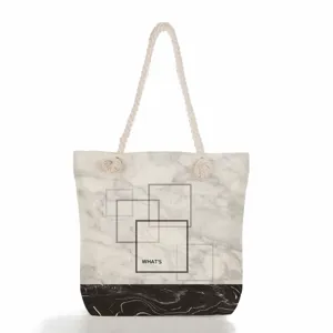 Grand sac cabas femme motif marbre sac à main en toile avec poignées en corde épaisse