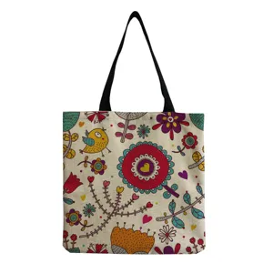 Borsa della spesa in cotone e lino con stampa floreale, borsa a spalla riutilizzabile.