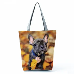 Borsa shopper chic con stampa bulldog francese e manici grigi, grande borsa a spalla casual.