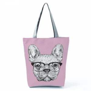 Graziosa borsa shopper in tela con stampa bulldog francese, borsa a tracolla casual.