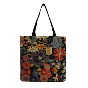 Borsa tote in cotone e lino con stampa floreale vintage, borsa per la spesa riutilizzabile.