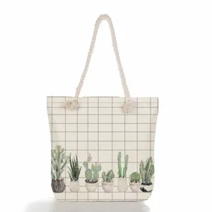 Grand sac cabas en toile imprime cactus carre beige avec poignees en corde epaisse femme