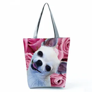 Borsa shopper in tela con stampa chihuahua, elegante borsa a spalla capiente per donna