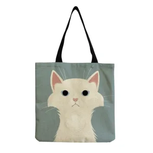 Casual canvas tote bag featuring a cute white cat print, stylish shoulder bag for daily use.