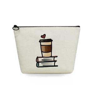 Bolsita cosmetica de lino con estampado de taza de cafe y libros, estuche con cremallera.