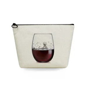Bolsa cosmetica de lona con estampado de esqueleto de copa de vino, estuche con cremallera.