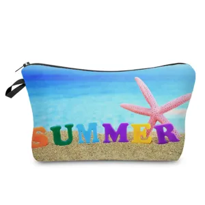 Sac cosmétique d'impression de plage portable trousse de maquillage de voyage zippée