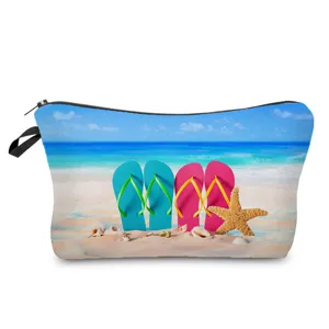 Trousse de maquillage portable avec impression de tongs, idéale pour les voyages et l'usage quotidien.