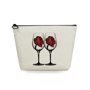 Bolsa cosmética de lona con estampado artístico de copa de vino y cierre de cremallera.