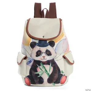 Niedlicher Cartoon Panda Druck Leinwand Damen Rucksack für Schule Freizeit und Reisen braun