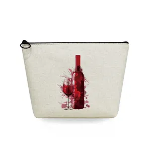 Bolsa de maquillaje con estampado de copa de vino, estuche de lona con cremallera para almacenamiento.