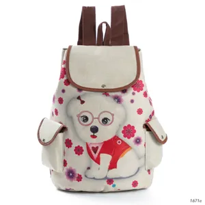 Süßer Cartoon Hund Druck Leinen Damen Rucksack mit braunen Trägern für Freizeit Reisen Alltag
