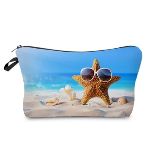 Jolie trousse de toilette motif étoile de mer, pochette de maquillage de voyage compacte.