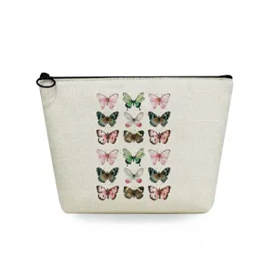 Bolso cosmético de lona con estampado de mariposas, estuche con cremallera minimalista.