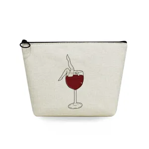 Práctica bolsa de maquillaje de lino con estampado de copa de vino y cremallera segura.