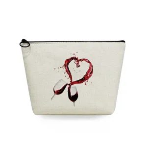 Bolsa de maquillaje de lino con estampado de corazón de vino, estuche con cremallera.