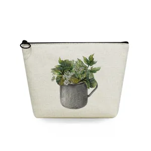 Neceser de lona con estampado botánico de plantas, cierre de cremallera, bolsa de almacenamiento.