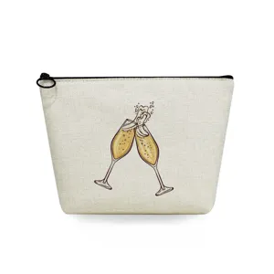 Bolsa de maquillaje de lona con elegante estampado de copas de champán, práctico monedero con cierre.