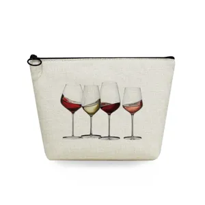 Bolsa cosmética de lino con estampado de copas de vino, elegante estuche con cremallera y diseño.