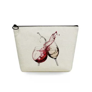 Bolsa de maquillaje de lino con estampado de copa de vino, estuche con cremallera y monedero.