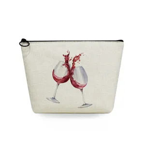 Bolsa de maquillaje con cremallera de lona con estampado creativo de copas de vino de acuarela.