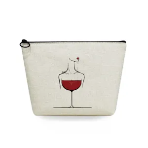 Bolsa cosmetica de lino con estampado de copa de vino, estuche creativo con cremallera.