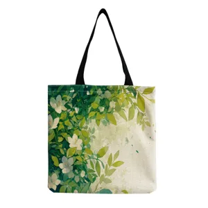 Linnen Tote Tas Vrouwen Groen Blad Bloemenprint Milieuvriendelijk Opvouwbaar Boodschappentas Herbruikbare Schoudertas Botanisch Reizen