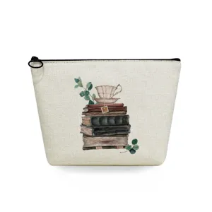 Bolsa cosmética de lino con estampado de libros de acuarela, elegante estuche con cremallera.
