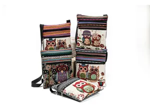 Ethno Stil Doppelreißverschluss Eule Jacquard Leinwand Umhängetasche Damen Messenger