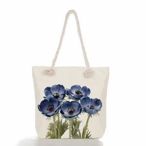 Τσάντα tote από καμβά με floral print και χοντρά χερούλια, μεγάλη τσάντα θαλάσσης.