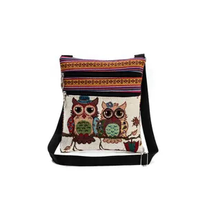 Ethno Stil Eulen Jacquard Doppelreißverschluss Umhängetasche leichte Messenger Tasche.