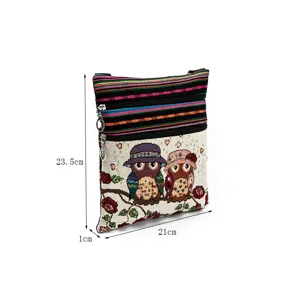 Ethische Eulen Jacquard Umhängetasche mit Doppelreißverschluss für Damen, leichte Freizeittasche.