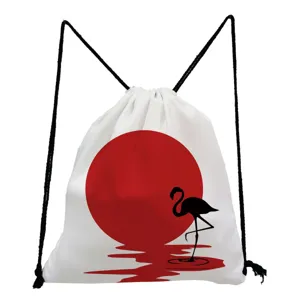Sac à dos cordon blanc avec motif soleil rouge et flamant rose léger pour voyage loisir