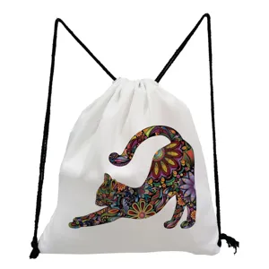 Witte gymtas met bloemige kattenprint, casual trekkoord rugzak voor dagelijks gebruik.