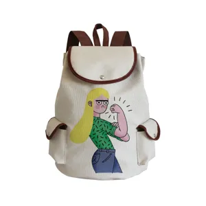 Canvas backpack detail view, cute cartoon flexing woman print, brown straps and pockets.