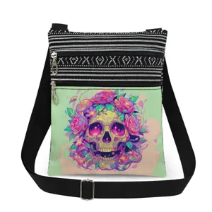 Stylish casual crossbody messenger bag with black white stripes and unique floral skull print.