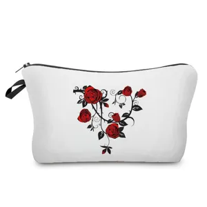 Portable white cosmetic bag with red rose vine print, durable zipper toiletry storage pouch.