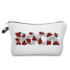 Detailed view of the portable canvas cosmetic bag featuring red rose rock text design.