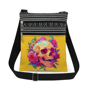 Canvas cross-body bag featuring a colorful skull and rose print with striped details.