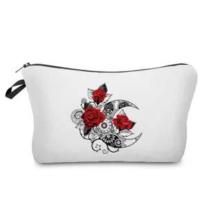 Detailed view of cosmetic bag with red roses and steampunk gears print, ideal for travel.