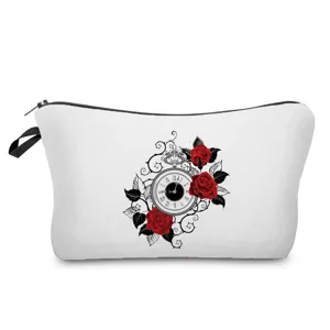 Vintage rose pocket watch print cosmetic bag, portable canvas makeup pouch with zipper.