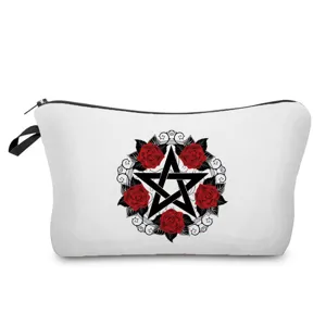 Gothic pentagram red rose print cosmetic bag, portable travel makeup pouch with zipper.